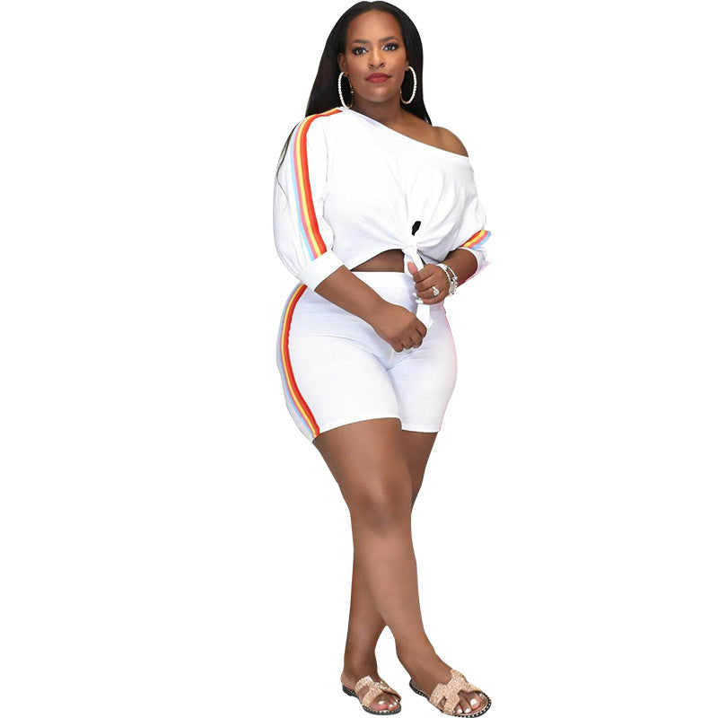 White Fashion Casual Solid Split Joint Oblique Collar Plus Size Two Pieces