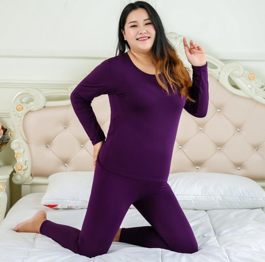Women Cotton Thermal Underwear Set Autumn Winter Plus Size Black Purple Pink Round Collar Long Johns Top And Bottoms XL-6XL 2021