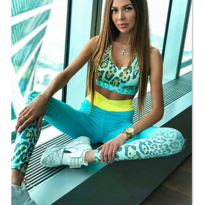 New Women Fitness Seamless Sportswear Woman Gym Leggings Leopard Push-up Strappy Sports Bra 2 Pcs Sports Suits