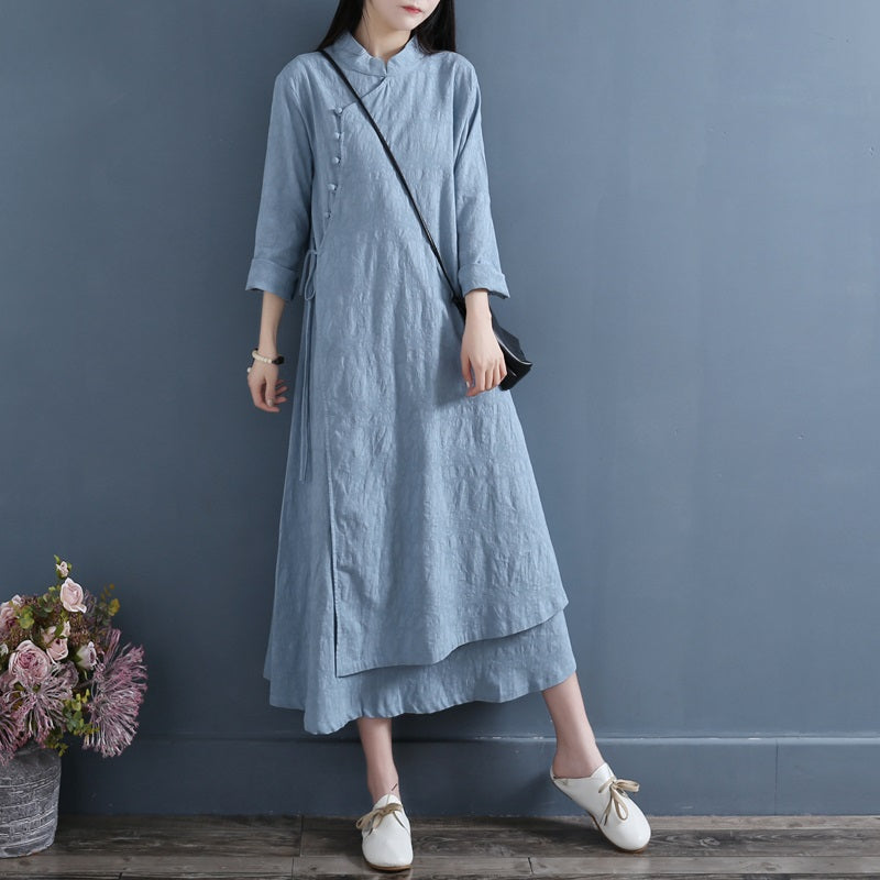 New 2021 Spring Vintage Buckle Solid Color Cotton Linen Robe Vintage Femme Dress Full Sleeve Stand Collar Women Dresses 12477