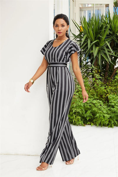 AHVIT Vertical Striped Women Jumpsuit Ruffles Short Sleeve O Neck Sashes Fashion Party Office Ladies Wide Leg Romper L-YD5102