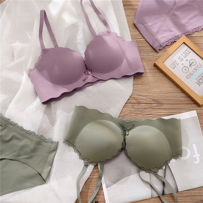 Glossy seamless underwear girl thin small breasts show big bra gathered one piece comfort bralette set without steel ring