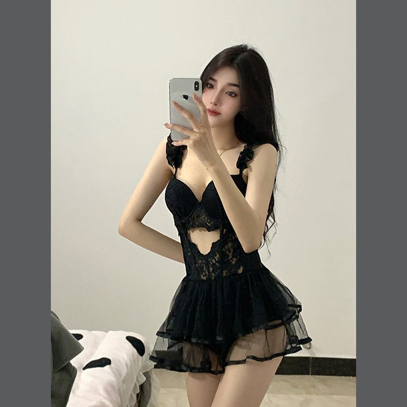 Summer Suit For Women Swimwear One Piece Swimsuit Push Up 2022 New Web Sexy Pure Bitter Fleabane Skirt Black Swan Ins Solid