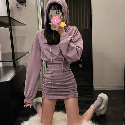 Japanese Autumn Winter Women Gothic Girls Punk Mini Dress High Quality Long Sleeve Hat Collar Sexy Black Dresses
