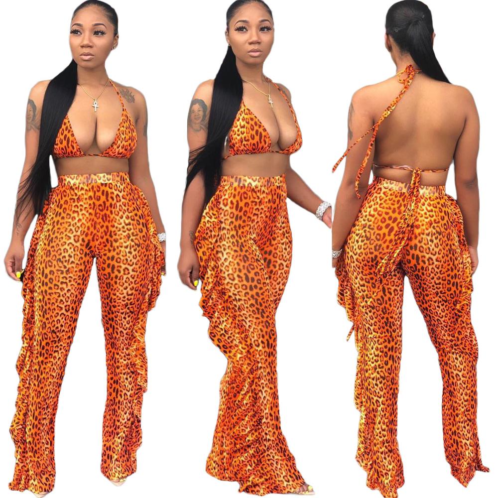 Fashion V Neck Crop Top And Long Pant Suit Ruched 2 Pieces Outfits Print Sexy Two Pieces Tracksuits
