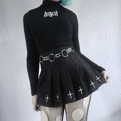 Gothic High Waist Mini Skirts Cool Girl Sexy Punk Cross Print Pleated Skrit Women Black White Basic All-Match Chic Short Dress