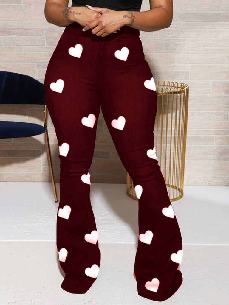 LW Plus Size Woman Autumn Clothes Stretchy Casual Heart Print Unique Hipster High Waist Pants