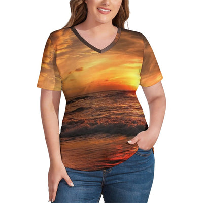 Sunset Colors T Shirts Abstract Art Print V Neck Classic T Shirt Short-Sleeve Woman Elegant Tshirt Summer Printed Tees Plus Size