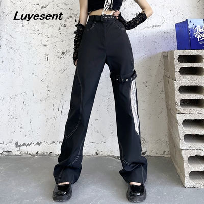 Black Gothic Lady Cool Street Long Pants White Lace Spliced Women High Waist Hollow Out Pant Rock Harajuku Straight Trousers
