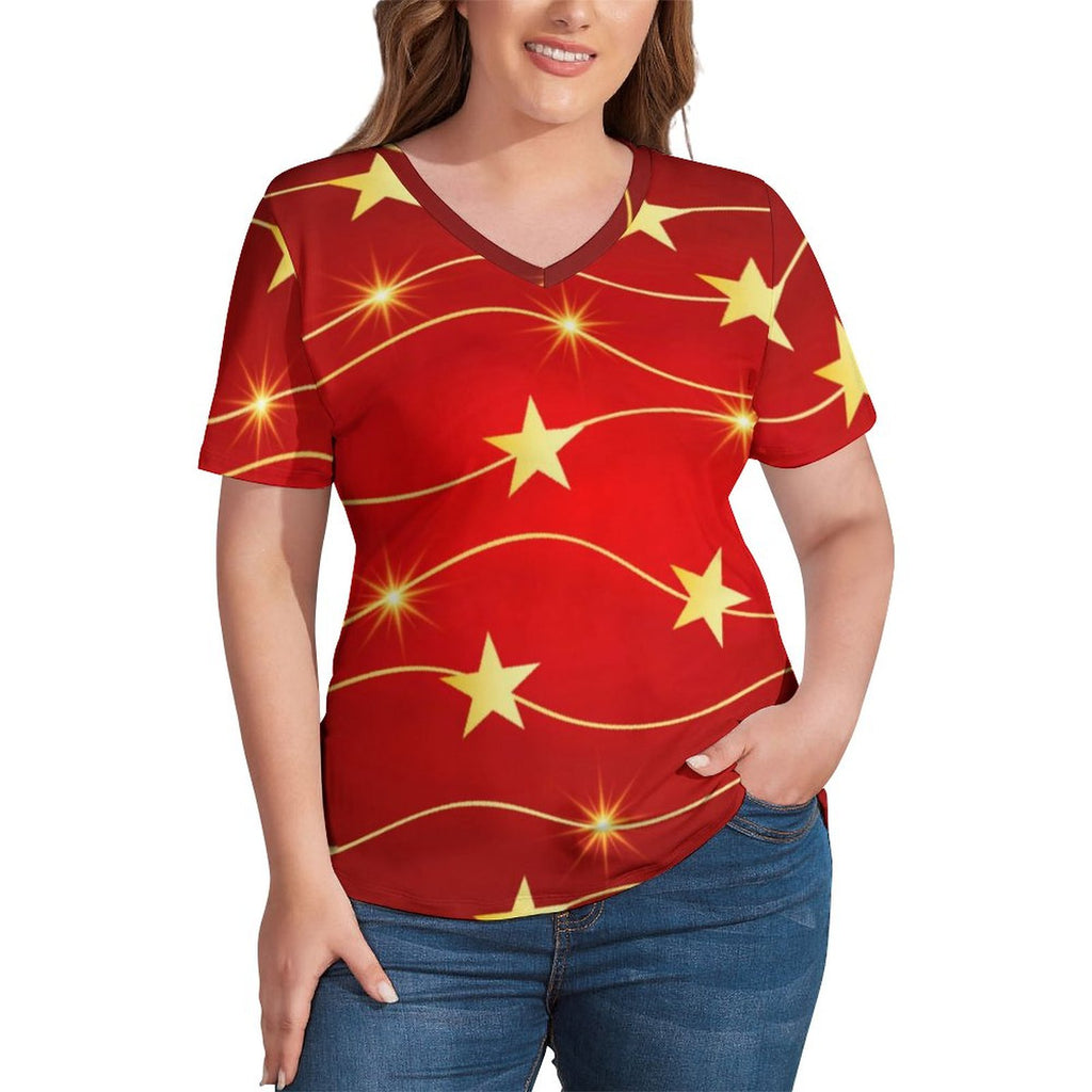 Red White Blue Star T Shirt Plus Size Patriotic USA Flag Cute T-Shirts Short-Sleeve V Neck Casual Tshirt Women Sexy Graphic Tops