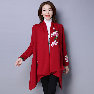 Elegant Sweater Cloak Coat Women Floral Embroidery Kimono Autumn Long Female Overcoat Long Sleeve Trench Coat Outwear DB472