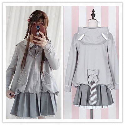 Girls Cute Lolita Hoodie Animal Style Raccoon Tail Zip Jacket Long Sleeve Coat Outwear White Shirt Gray Coat Gray Skirt Set