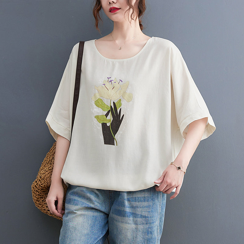 Fashion Loose Printed Floral Women T-shirts Summer New O-neck Short-sleeved Cotton Vintage New Female Pullover Casual Tops Tee