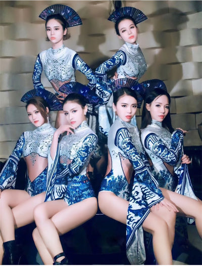 Sparkly Crystals Pagoda Sleeve Leotard Bodysuit Vintage Chinese Style Women Costume Dance Team Bar Nightclub Tight Stage Wear