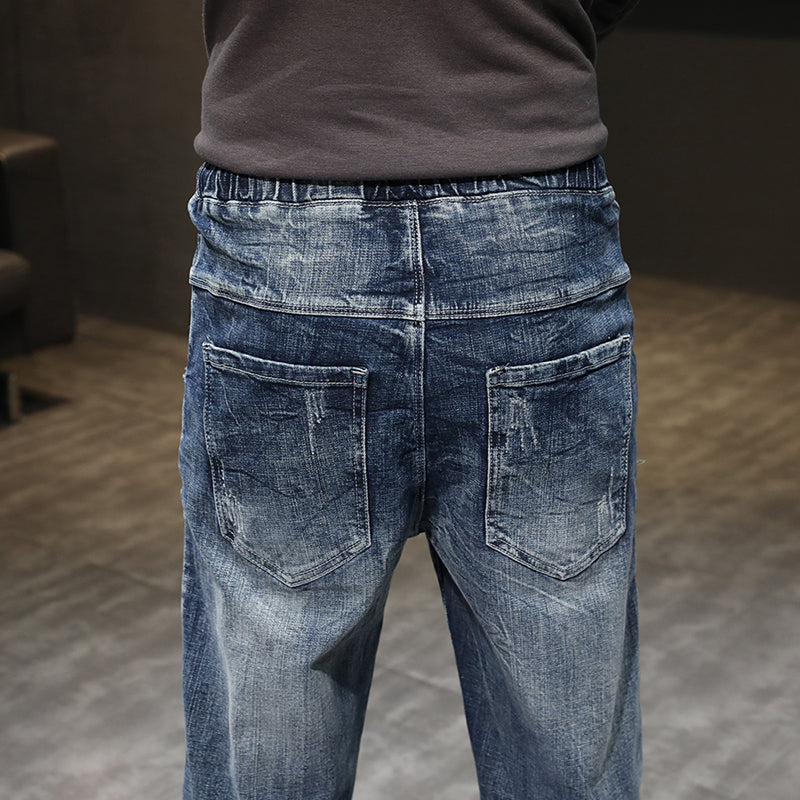 Jeans For Men Blue Jogging Pants Drawstring Elastic Waist Streetwear Fashion Casual Denim Pants Kpop Man Jeans Patch Oversized