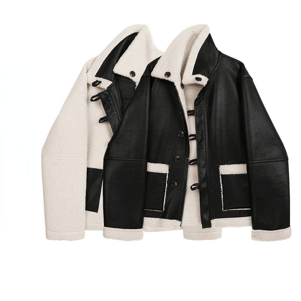 New Winter Lambswool Both Side Wear PU Leather Jacket Women Loose Lapel Long Sleeve Coat Single Breasted Warm Outwear