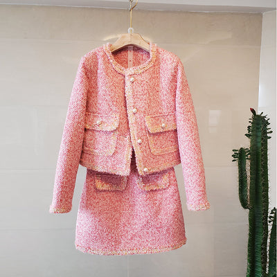 JSXDHK Brand Ladies Pink Winter Tweed Jacket 2 Piece Set Women Pearl Button Tassel Poacket O Neck Coats + Trim Fringe Skirt Sets