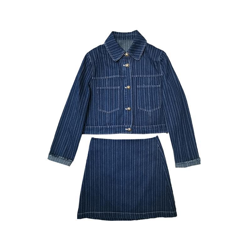 2022 New Demin Striped Sets Long Sleeve Cowboy Coat + High Waist A-line Mini Skirts Fashion Causal 2piece Outfits