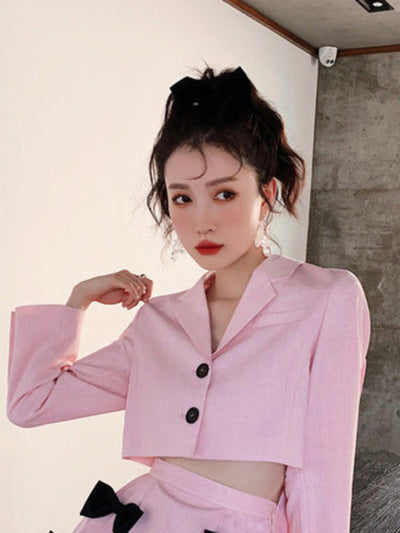Pink Sweet Back Bow Short Blazer For Women Long Sleeve Notched Collar Cute Coat Female Fashion 2022 Spring B126