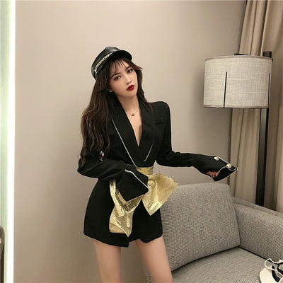 New women&#39;s gold lacing bow patchwork long sleeve turn down collar blazer suit shorts jumpsuit rompers S M L