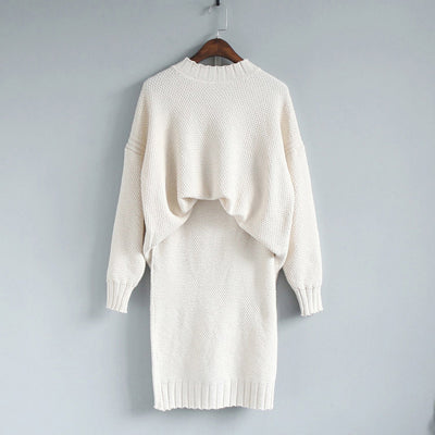 Women 2 Pieces Sweater Dress Set Knitting Long Sleeve Office Wear Black White Red Pullover Knit Split Skirt Clothing Suit 2021