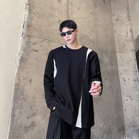 Tshirt Men Black White Splice Japan Streetwear Fashion Loose Long Sleeve Vintage T-shirt Male Net Celebrity Tee Shirts