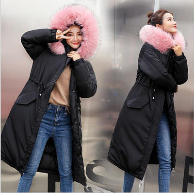 Plus Size 3XL Fashion Winter Women Parkas 2021 Office Lady Female Down Cotton Jacket With Belt Hooded Fur Collar Loose Warm Q448