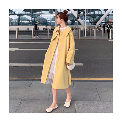 2021 new windbreaker ladies spring autumn doll collar fashion waist single breasted yellow coat over knee long trench coat D7