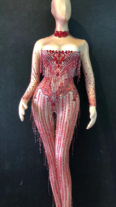 Red Silver Rhinestones Fringe Jumpsuit Bar Nightclub Female Singer Stage Costume Birthday Shiny Crystals Tassel Skinny Jumpsuits