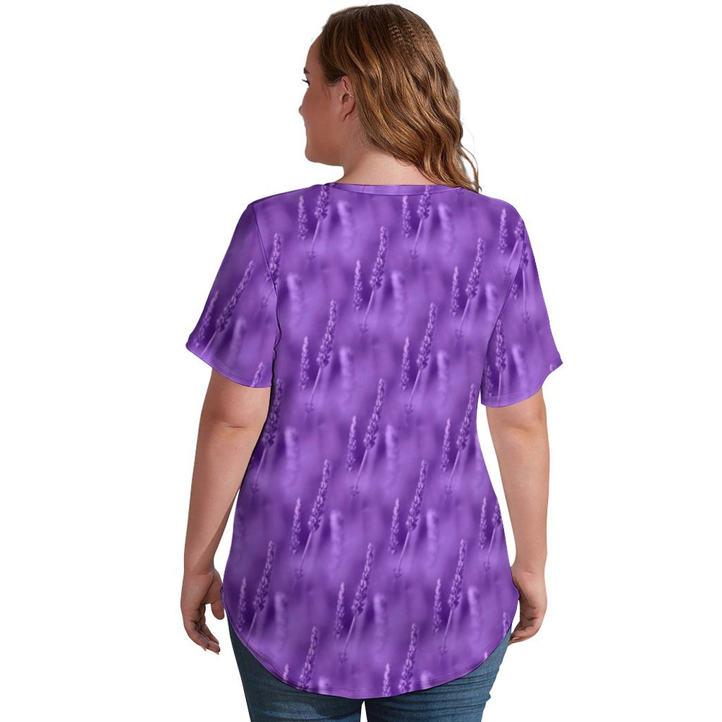 Purple Lavender T-Shirts Flower Print V Neck Korean Fashion T Shirt Woman Hip Hop Tee Shirt Summer Top Tees Plus Size 3XL 4XL