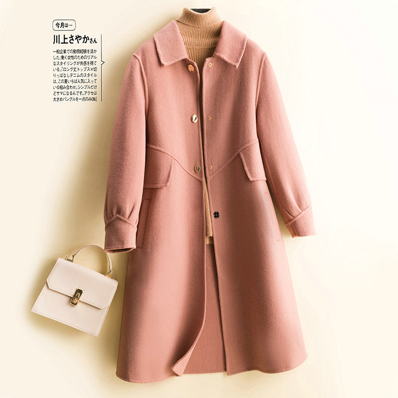 Double-sided wool coat women&#39;s mid-length 2022 autumn and winter new doll collar slim woolen coat temperament