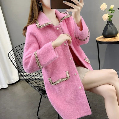 Small Fragrance Style Mink Velvet Mid-Length Coat New Women Cardigan Thickened Autumn Winter Woolen Jacket Female L535