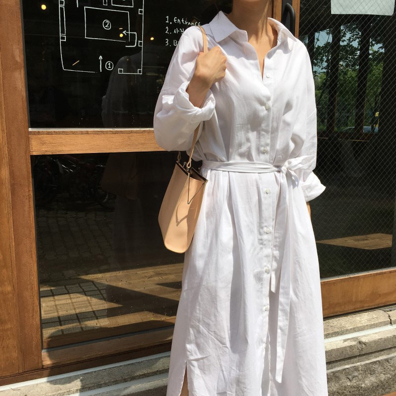 2022 2022 New Spring Fashion Tide White Turn-down Collar Long Sleeve Single Breasted Pockets Sashes Woman Dress SA991