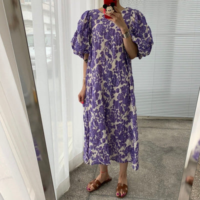 O Neck Puff Sleeve Dress Women Summer New Robe Femme Casual Loose Floral Printed Dresses Female Korean Vintage Vestidos 14280