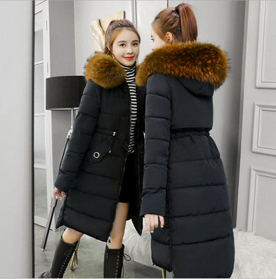 2021New Fashion Winter Women Parkas Female Down Cotton Jacket Hooded Fur Collar Slim With Belt Winter Women Jackets Hot SaleQ665