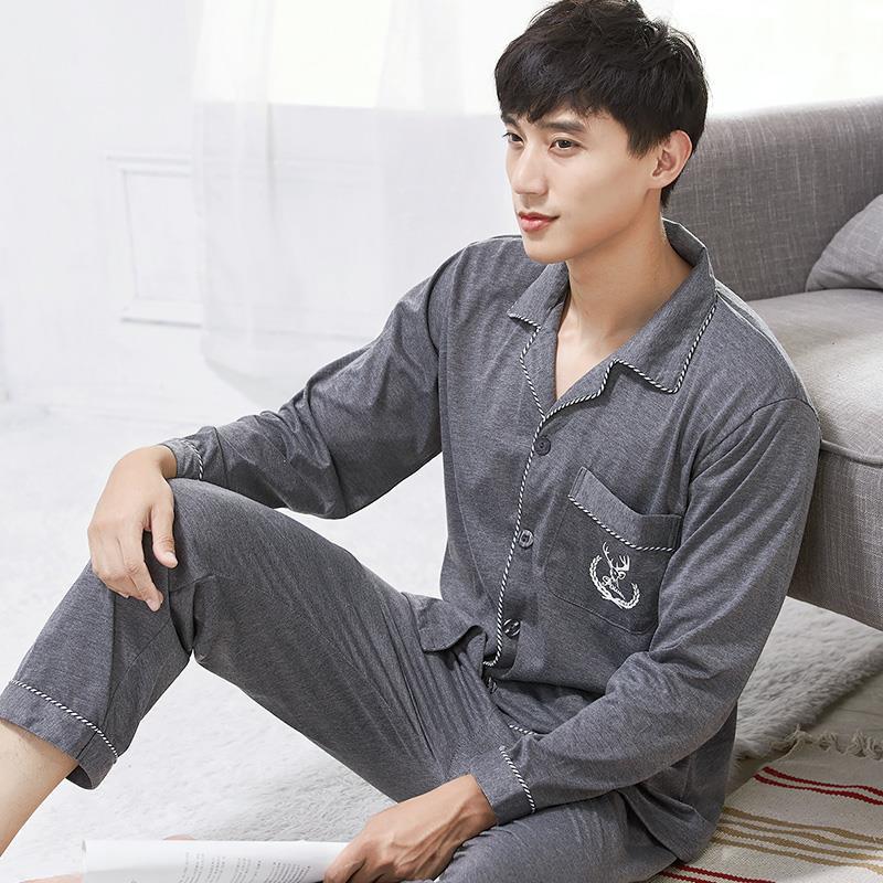 Pajama Sets Men Sleepwear Casual Simple Loungewear Plaid Soft Home Wear Turn-down Collar Long Sleeve Breathable Spring Autumn