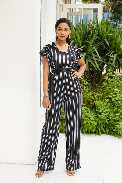 AHVIT Vertical Striped Women Jumpsuit Ruffles Short Sleeve O Neck Sashes Fashion Party Office Ladies Wide Leg Romper L-YD5102