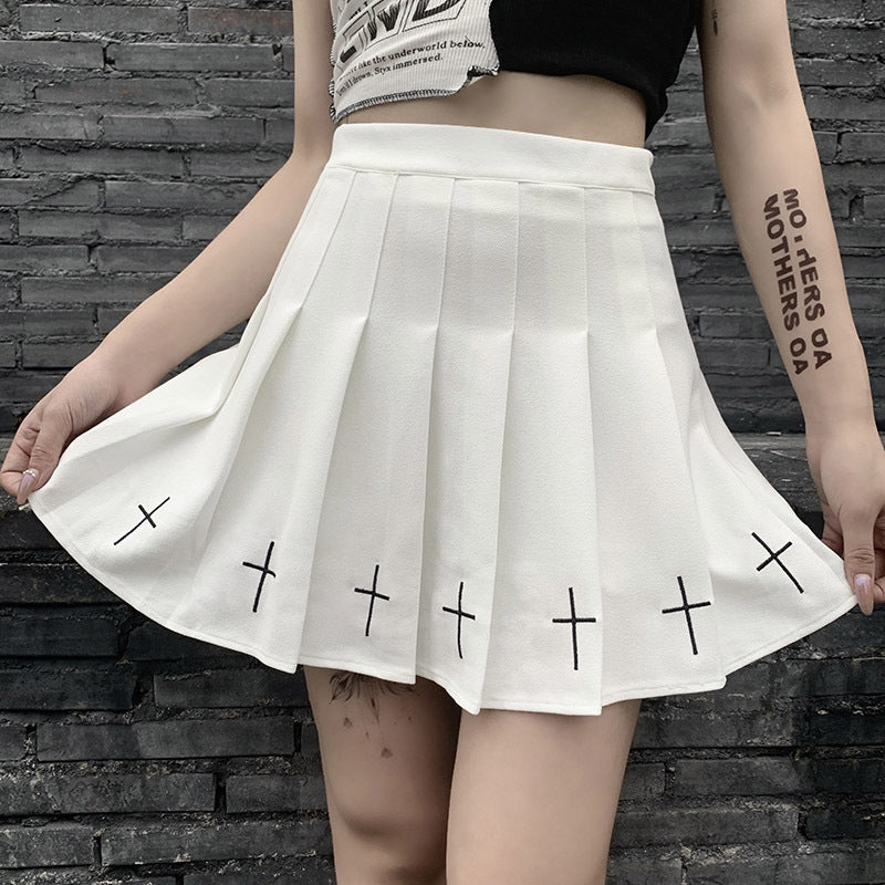 Gothic High Waist Mini Skirts Cool Girl Sexy Punk Cross Print Pleated Skrit Women Black White Basic All-Match Chic Short Dress