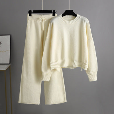 Autumn Casual Knitted Suit Loose Pullover Sweater Solid Wide Leg Pants Women's Two Piece Set Winter Fashion Female Outfit