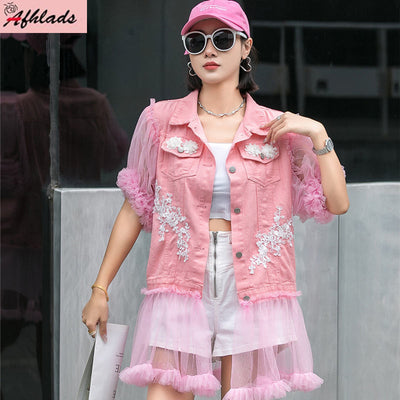 Single Breasted Pink Mesh Patchwork Denim Blouse Women&#39;s Loose Personality Short Sleeve Turn-Down Collar Female Shirts