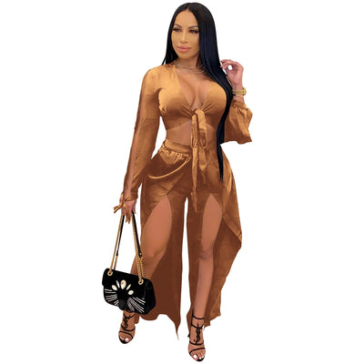 Wholesale Items Solid Sexy Two Piece Set Women Bandage Crop Top High Slit Wide Leg Pants Set Club 2 Piece Sets Womens Outfits