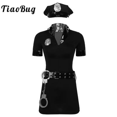 Women Halloween  Officer Cosplay Sexy Costume Low-cut Bodycon Mini Dress with Hat Badge Belt and Cuff Cop Uniform Dress Up