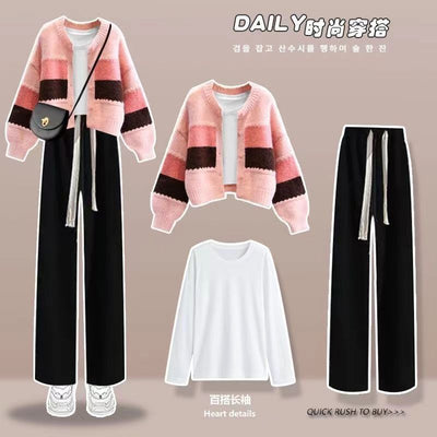 Autumn and Winter 2022 New Korean Three Piece Fashion Age Reducing Sweater Loose Casual Wide Leg Pants Women's Set