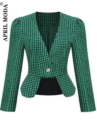 2022 New Houndstooth Blazer for Women Tweed Coat Vintage Long Sleeve Green 1950s Style Retro Female Outerwear Chic Veste Femme