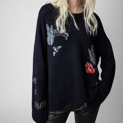Women's Sweater Butterfly Flower Letter Embroidery  Cashmere Long Sleeve Round Neck Ladies Jumper Autumn Winter 2022