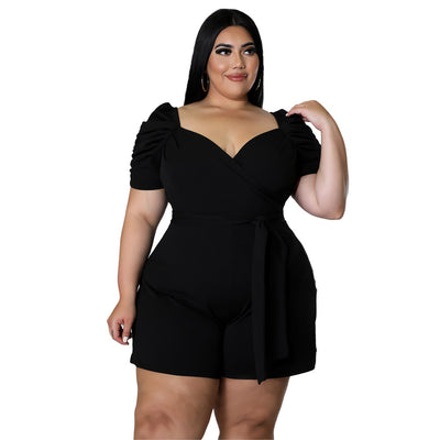 Casual Sexy Plus Size Jumpsuit for Women Belt black Bodycon V Neck Short Sleeve Playsuit Fashion evening Club Party Summer 2022