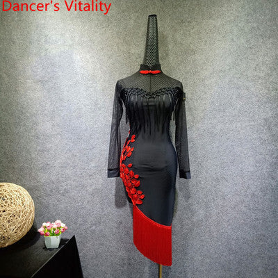 Adult Latin Dance Practice Costume Split Sheer Tassel Dress Backless Cheongsam Rumba Samba Tango Cha Cha Salsa Foxtrot Dance Set