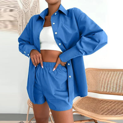 New Elegant Lapel Single-breasted Cardigan Two Piece Set Women Fashion Long Sleeve Shirt Suit Spring Casual Shorts Two Piece Set