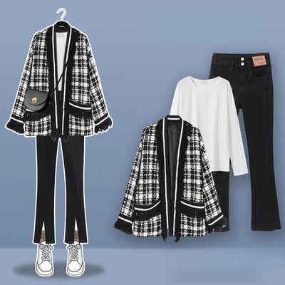 Woman Fashion Three Piece Set Female Long Sleeve Plaid Cardigan and Elastic Waist Pants and Tops Ladies Tracksuit Suits G554