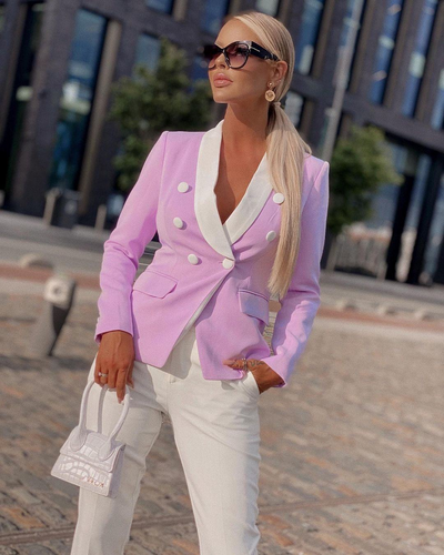 2021 Woman New Blazer Light Purple Hit Color Notched V Neck Long Sleeve White Elegant Double Breasted Office Lady Style Vintage
